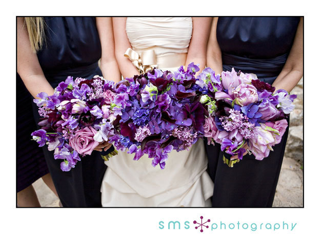 Blue bridesmaid dresses purple flowers