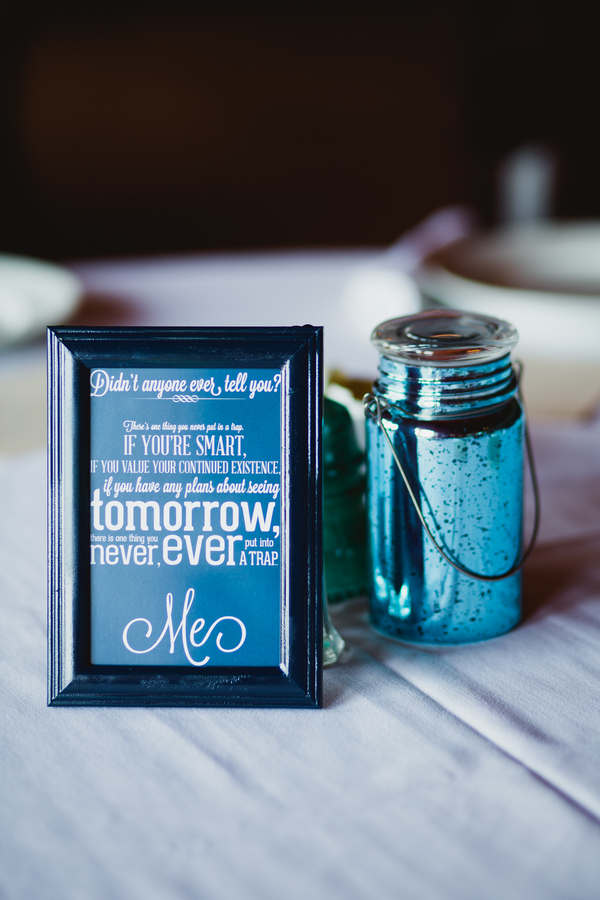 Centerpieces were picture frames with their favorite quotes from Doctor